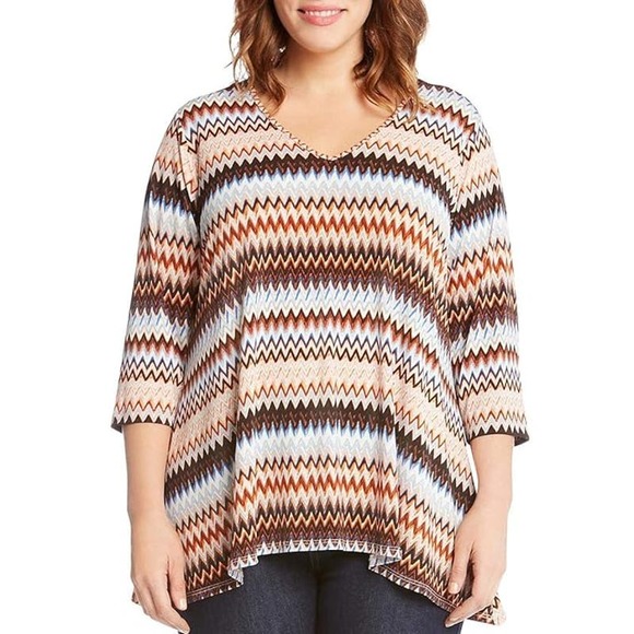Karen Kane Womens Blouse Size 2X Brown Zigzag Swing Flare Hem 3/4 Sleeves V-Neck - Picture 1 of 13